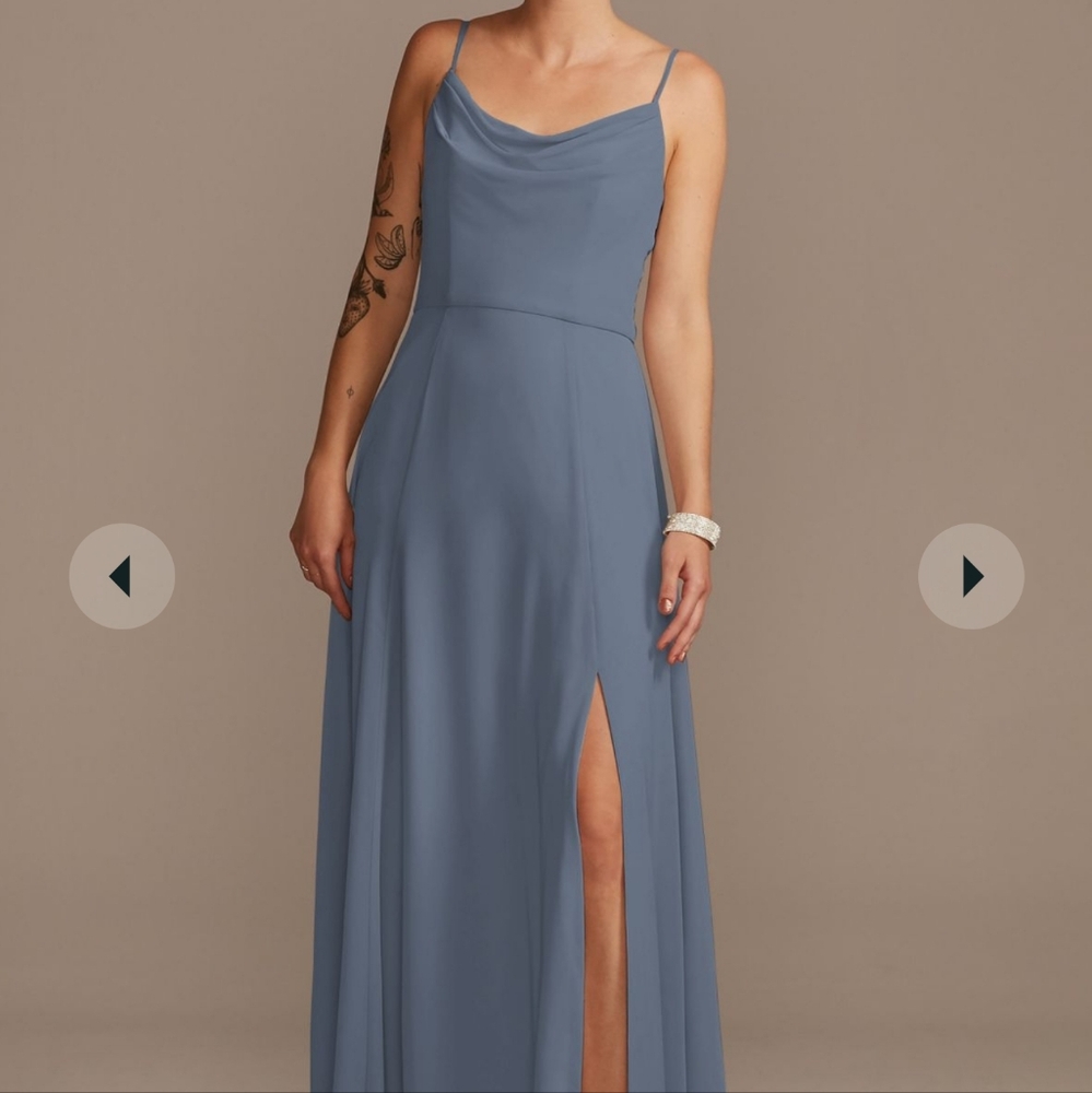 Steel Blue cowl neck chiffon dress with slit